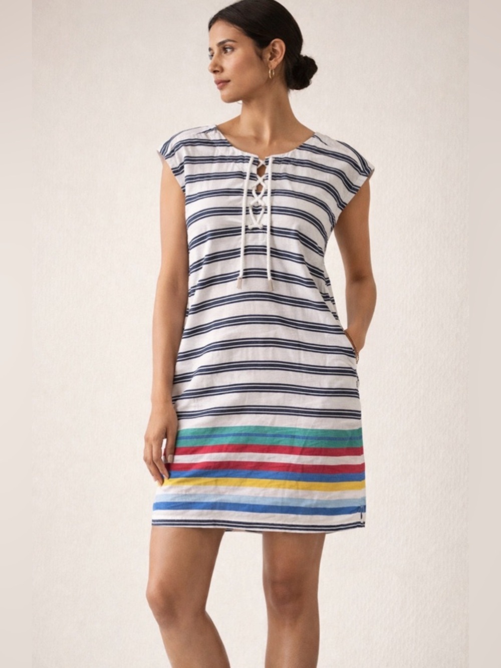 Tommy Hilfiger White Navy Striped Cotton Dress with Multicolor Hem